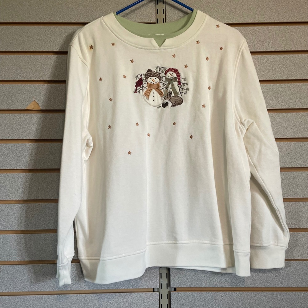 Shenanigans Womens Crewneck Sweatshirt Winter Snowman Embroidered Stars L‎
